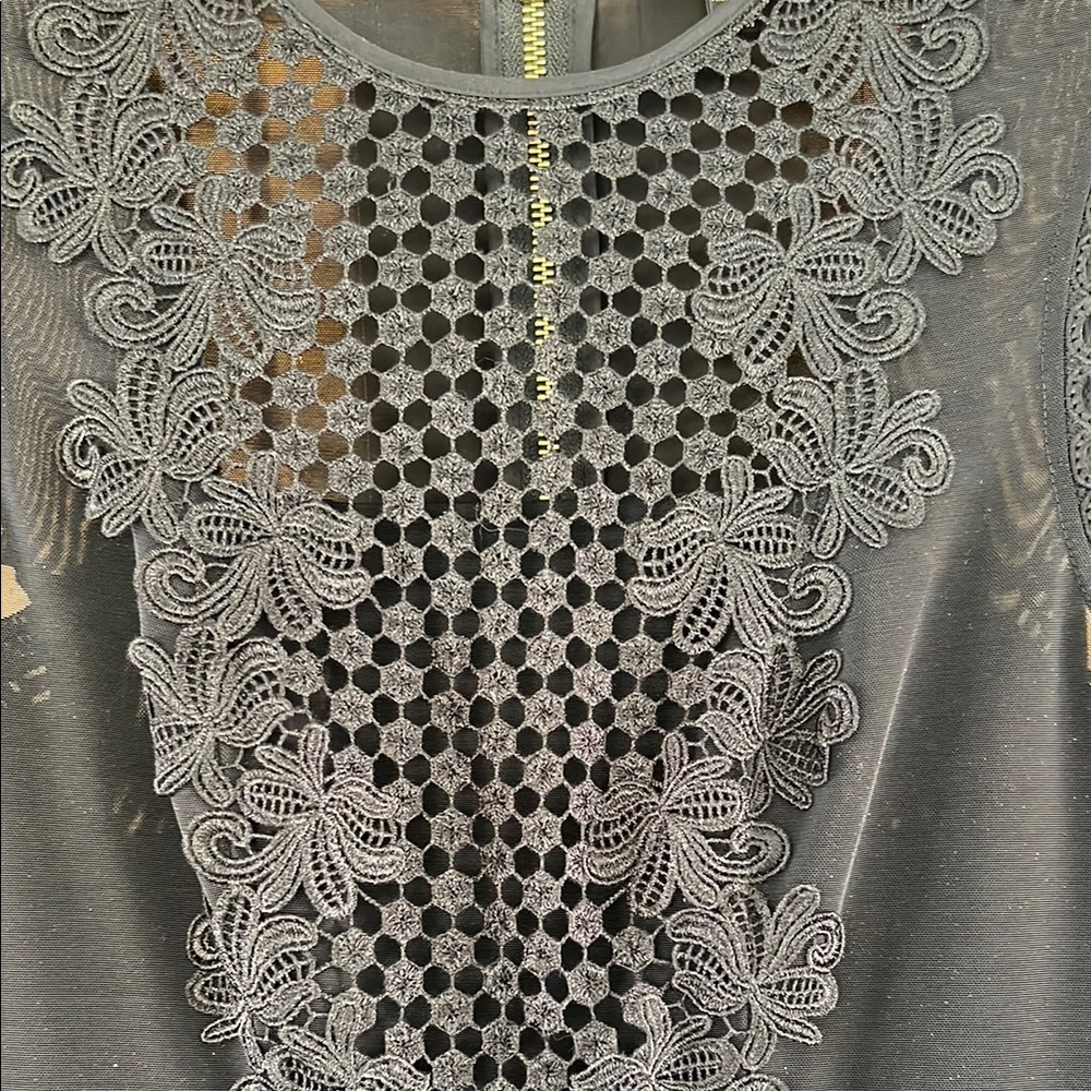Black Lace Appliqué Pleated Midi Dress - Picture 2 of 5